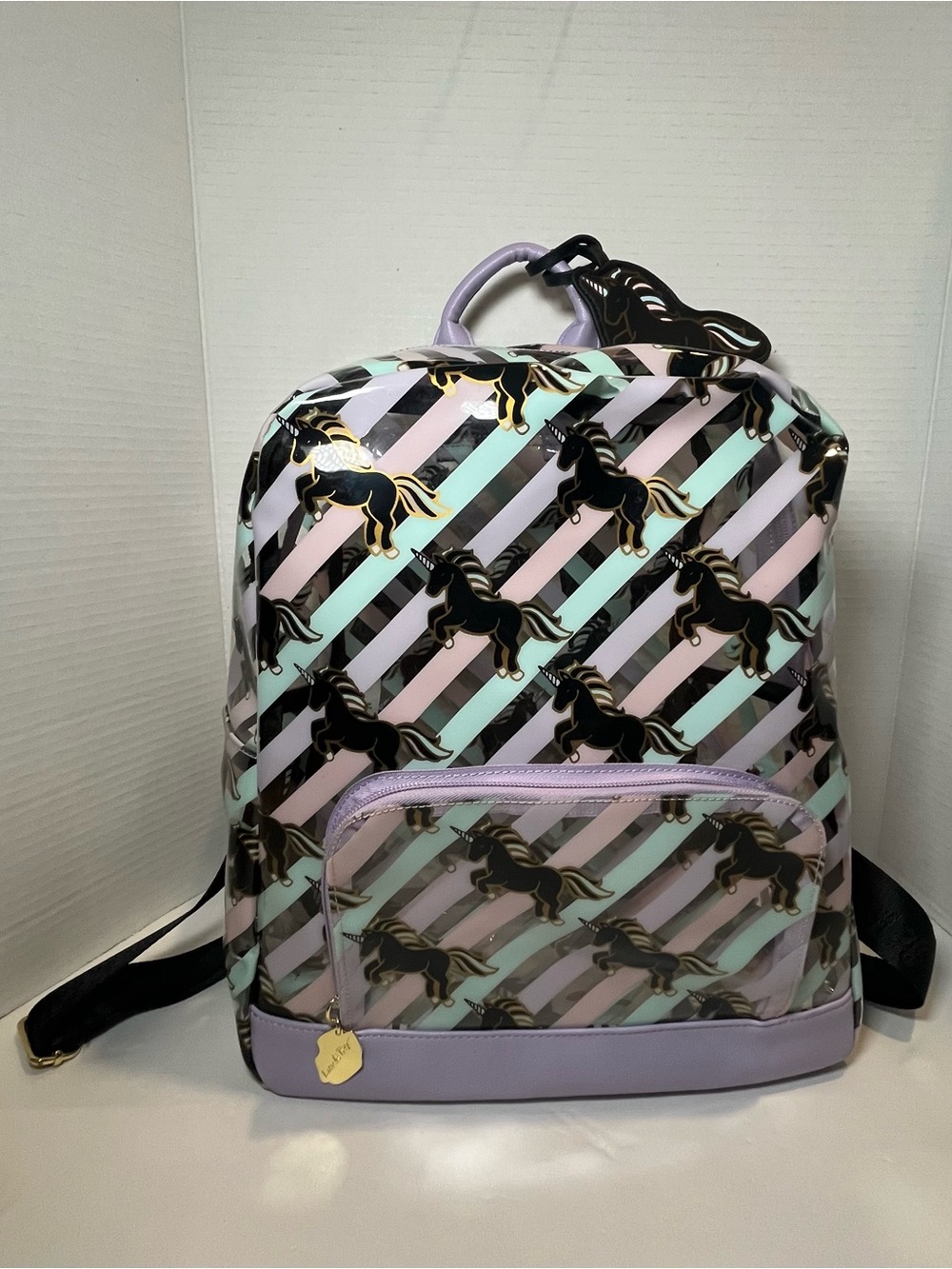 Betsey Johnson Lavender, Pink & Mint Striped Unicorn Clear Backpack